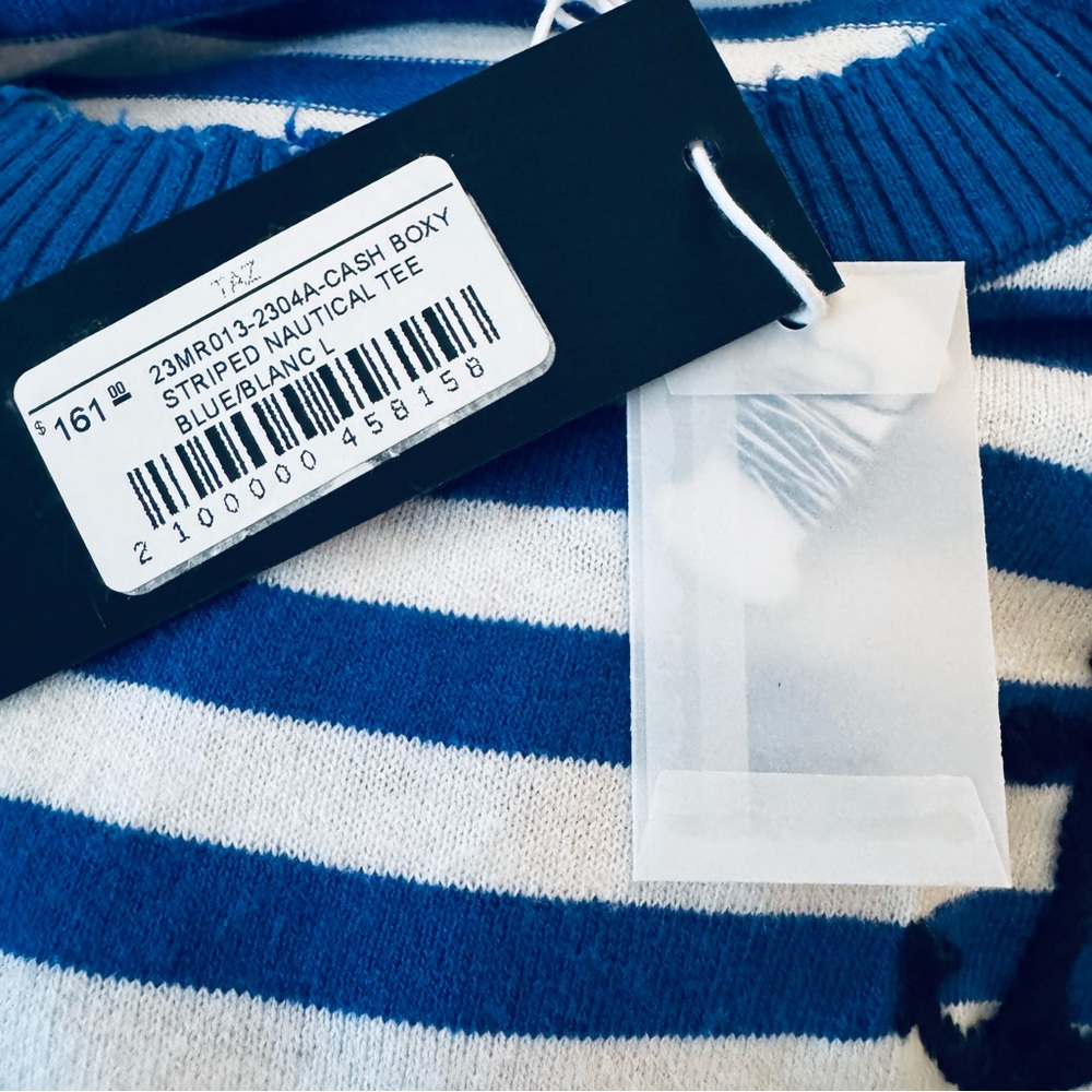 Minnie Rose Frayed Hem Striped Knit Tee Cotton Cashmere Blue White Large NWT - Picture 8 of 10